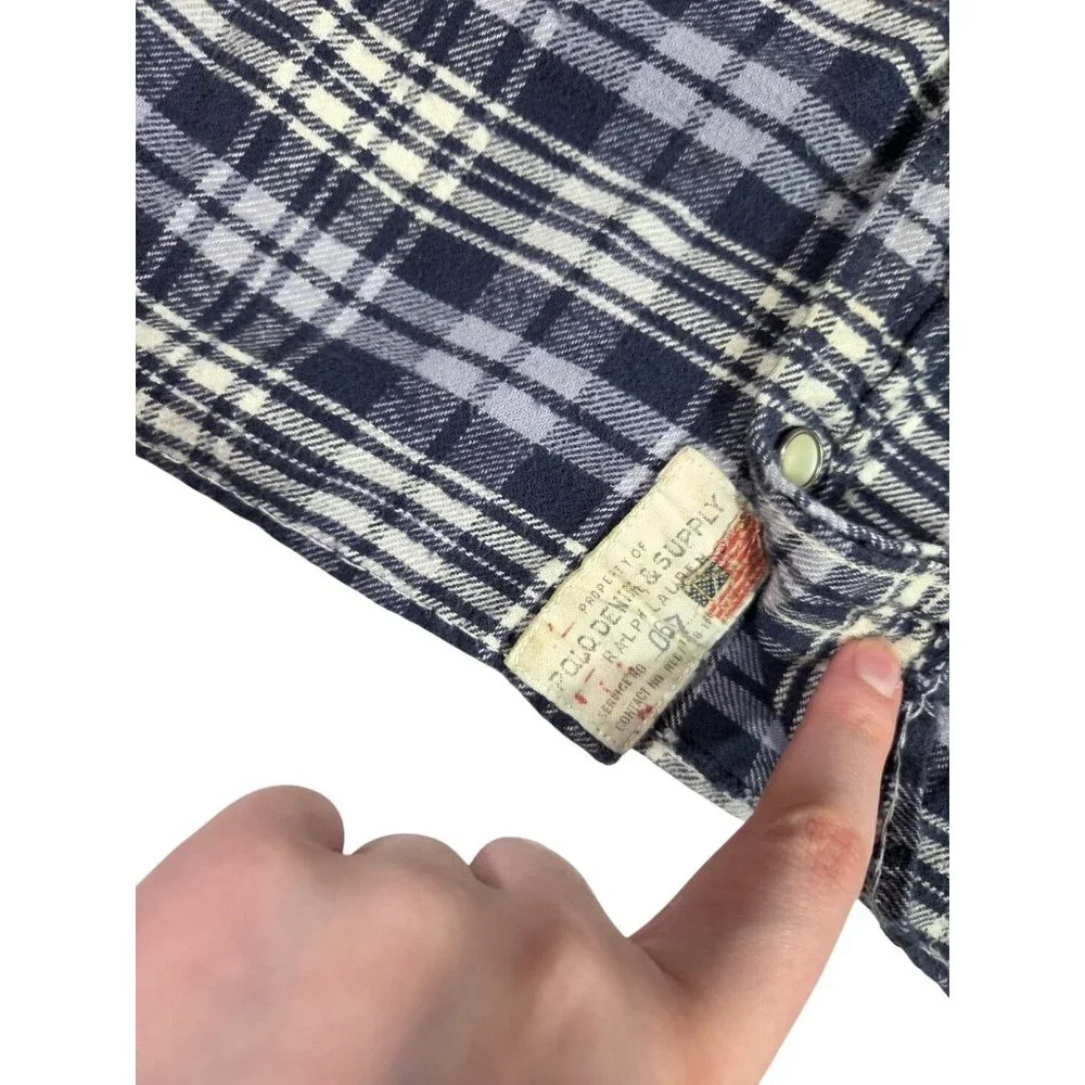 VTG Denim Supply Ralph Lauren Pearl Snap Flannel  Shirt Mens Medium Plaid Cotton - Picture 6 of 7